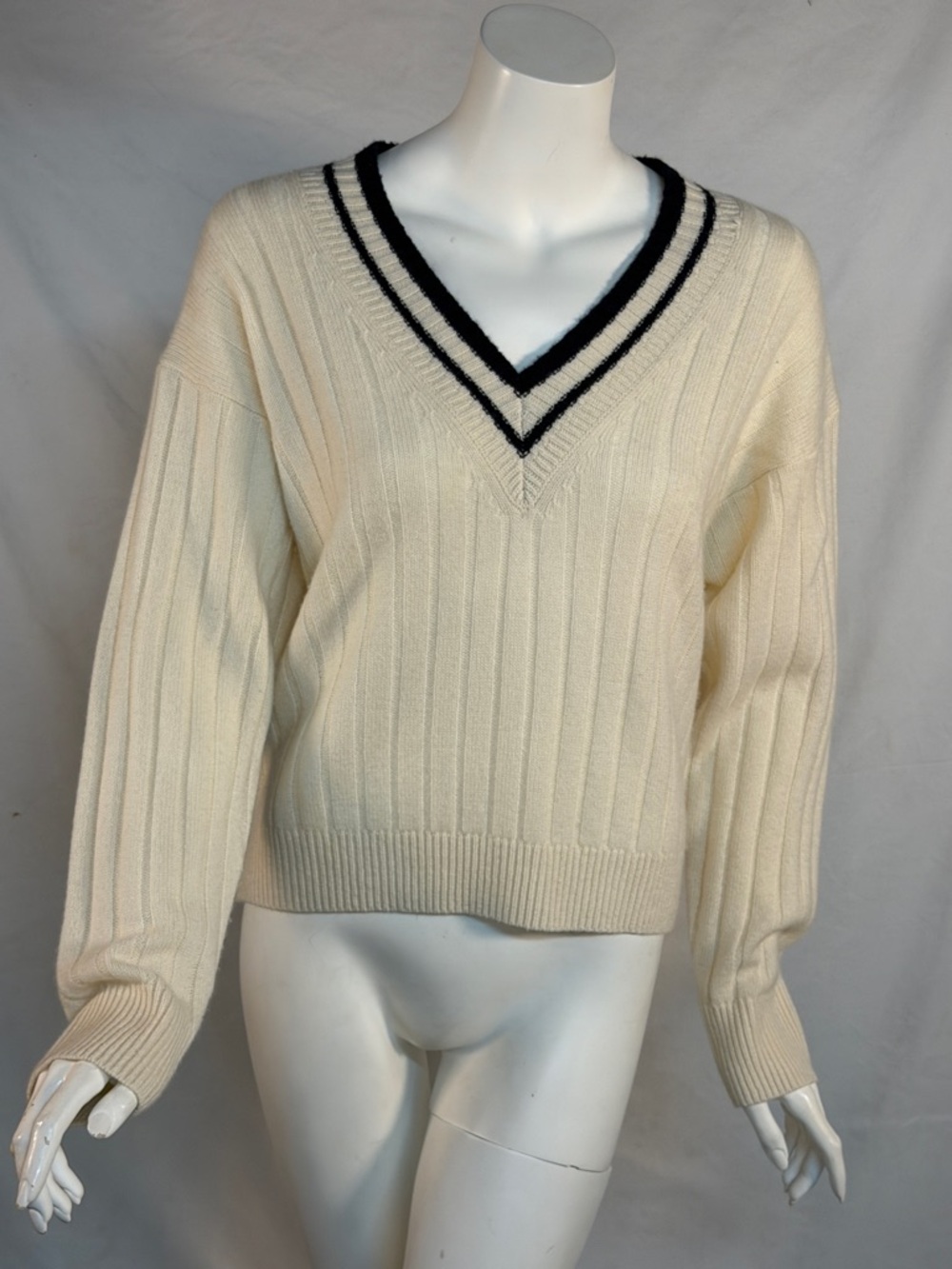 White + Warren Cream V-Neck Sweater with Navy Double-Stripe Trim - Picture 4 of 8